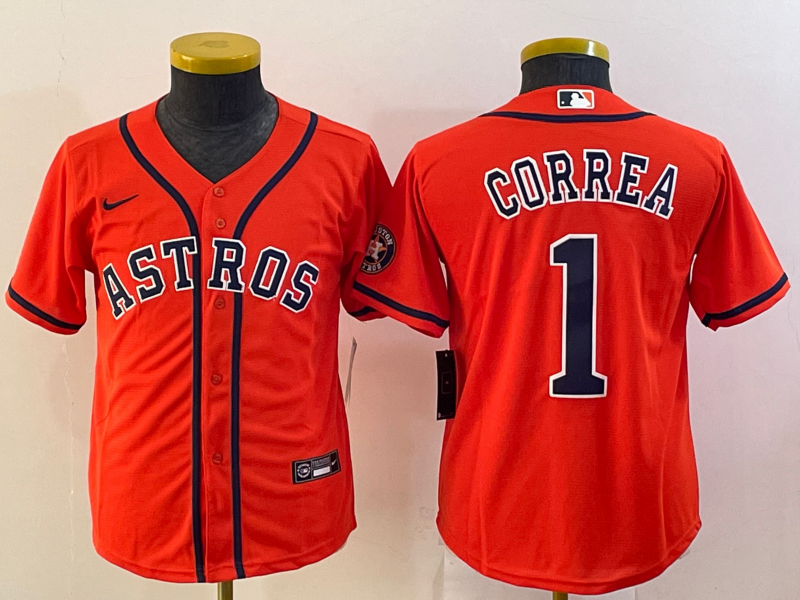 Youth Houston Astros #1 Carlos Correa Orange Cool Base Stitched Jersey